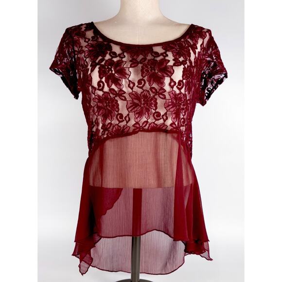 VTG Sheer Lace Blouse Cap Sleeve Maroon LARGE Ruffle Y2K Coquette Fairy - Picture 1 of 8